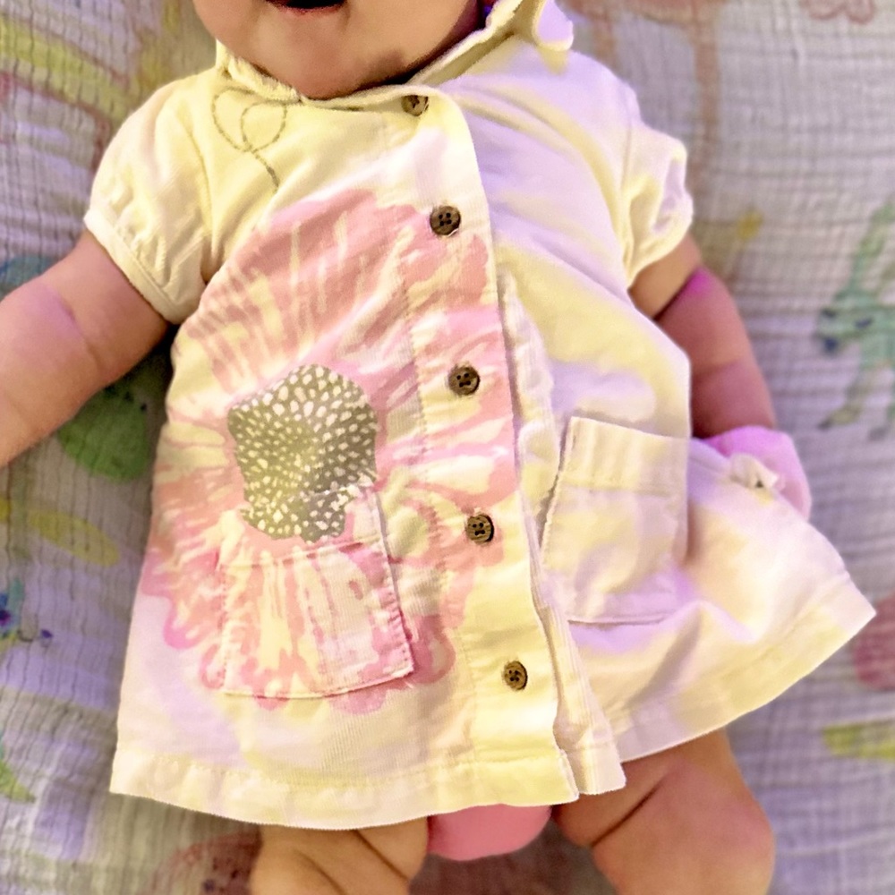 Burt’s Bees Baby Cream Corduroy Pink Flower Front Pocket Dress Size 3-6 Months